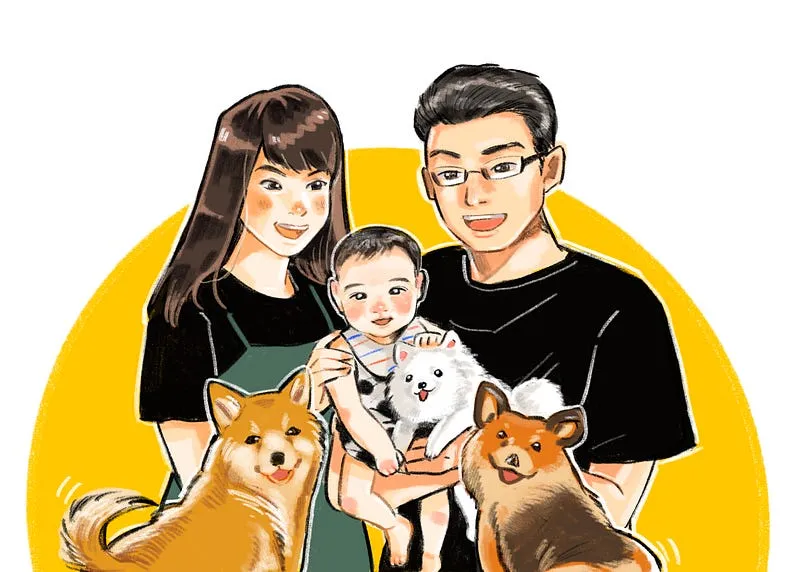 描繪我們幸福一家的似顏繪作品