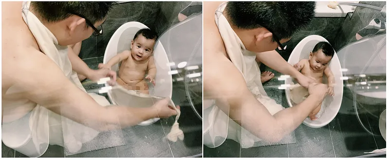 洗澡實拍,可以看到先生將浴巾扣在脖子上