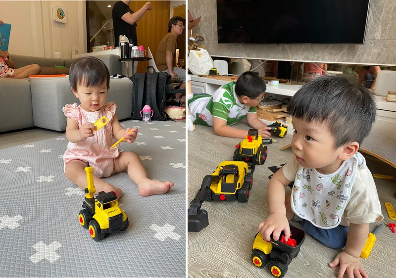 0歲女娃、1歲男孩跟後面那位11歲哥哥 都玩超久 小工程車魅力無窮
