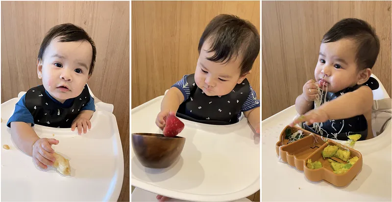 我們的BLW階段大概就是單一食物直接放Nomi桌上，到餐碗、餐盤這幾種隨機嘗試